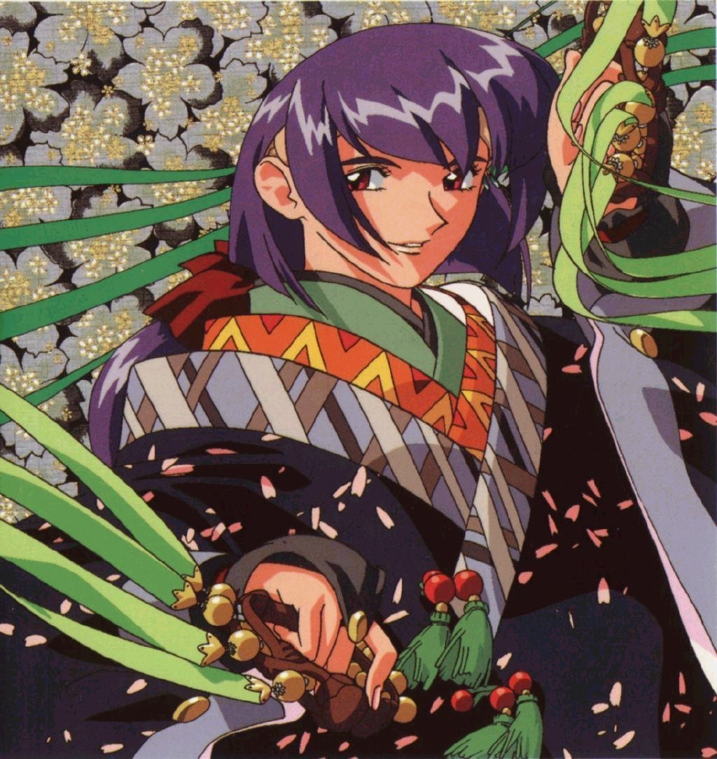 1girl 90s japanese_clothes masaki_aeka_jurai purple_hair red_eyes solo tenchi_muyou!