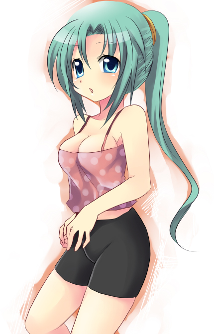 1girl aqua_eyes aqua_hair armpits bare_shoulders blue_eyes blush breasts camisole cleavage higurashi_no_naku_koro_ni long_hair looking_at_viewer mei polka_dot ponytail shorts sideboob simple_background skin_tight solo sonozaki_mion standing subaru_(yachika) tareme white_background