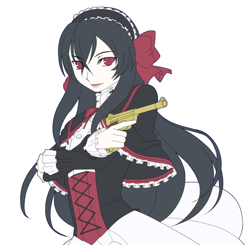 1girl april april_(coyote_ragtime_show) black_hair bow bowtie capelet center_frills coyote_ragtime_show cross-laced_clothes crossed_arms frills gun hair_bow hairband handgun lolita_hairband long_hair long_sleeves pistol red_eyes simple_background smile solo weapon white_background