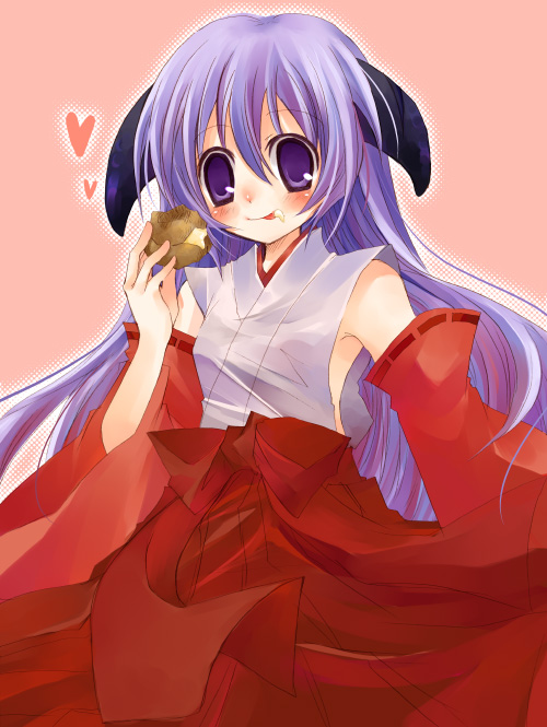 1girl detached_sleeves food food_on_face hakama halftone hanyuu heart higurashi_no_naku_koro_ni horns japanese_clothes licking_lips long_hair miko no_pupils purple_hair red_hakama solo suzushiro_kurumi tongue tongue_out very_long_hair violet_eyes