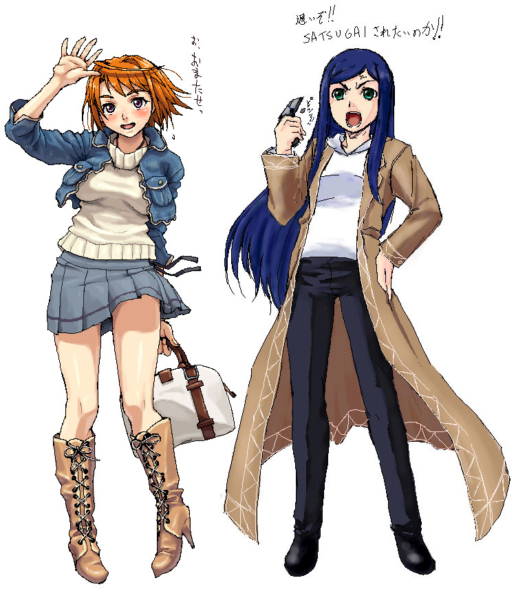 00s 2girls bag blue_hair blush boots casual green_eyes hand_on_hip high_heels kuga_natsuki long_hair miniskirt multiple_girls my-hime nigou oekaki open_mouth orange_hair pigeon-toed short_hair simple_background skirt standing tokiha_mai very_long_hair violet_eyes waving white_background