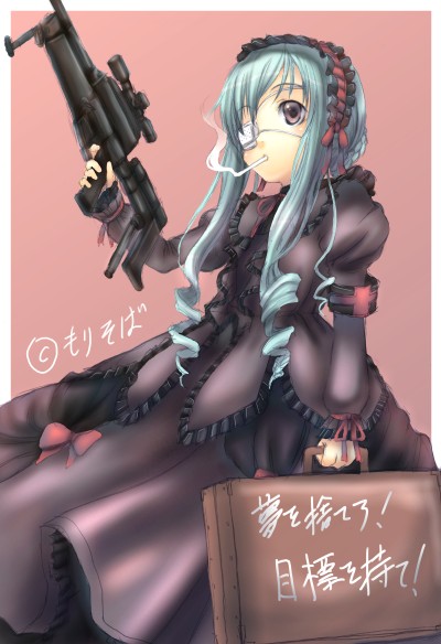 00s aria_(sister_princess) armband briefcase cigarette eyepatch gun sabamu sister_princess smoking sniper weapon