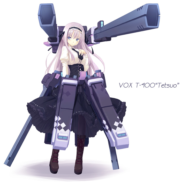1girl blue_eyes boots hairband huge_weapon long_hair looking_at_viewer mecha_musume necktie original poco_(asahi_age) solo violet_eyes virtual_on weapon white_background