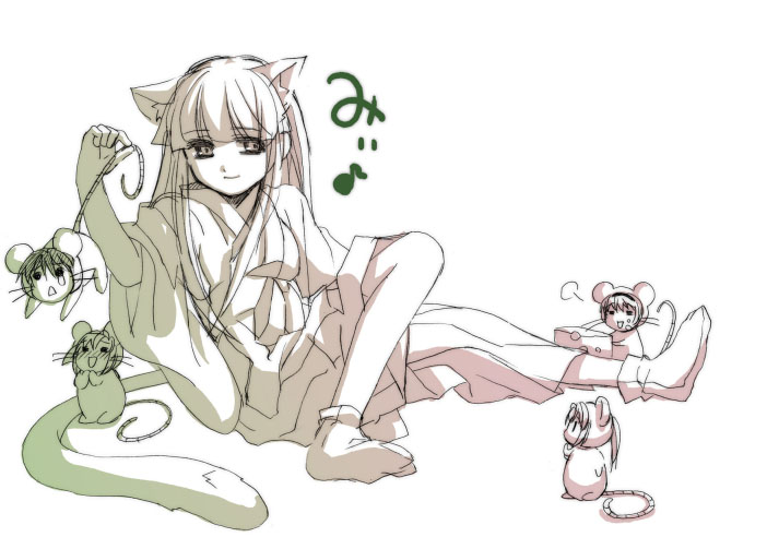 1girl animal_ears cat_ears footwear furude_rika gradient greyscale higurashi_no_naku_koro_ni japanese_clothes miko monochrome nyanmiso socks solo