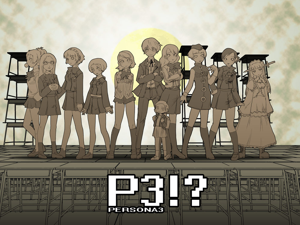 !? 1boy 6+girls aegis aegis_(persona) arisato_minato atlus elizabeth_(persona) everyone fushimi_chihiro harem kazu kirijou_mitsuru legs mahou_sensei_negima! maiko_(persona_3) moriyama_natsuki multiple_girls nishiwaki_yuuko pantyhose parody persona persona_3 takeba_yukari yamagishi_fuuka yoshino_chidori yuuki_makoto