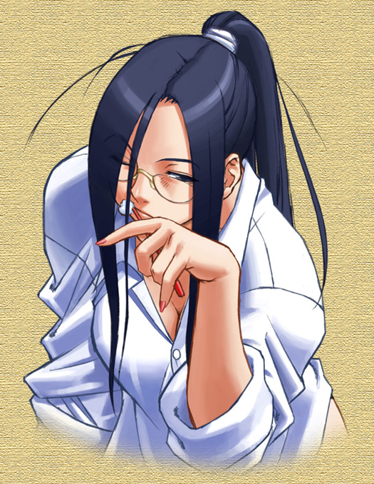 1girl breasts capcom cleavage doctor duplicate edaki_shin'ya edayan glasses labcoat large_breasts long_hair minazuki_kyouko official_art ponytail rival_schools rival_schools:_united_by_fate school_nurse simple_background solo teacher