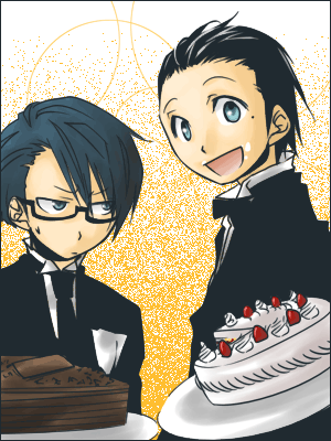 2boys atlus bartender black_hair blue_eyes blue_hair cake food formal glasses lowres male_focus mochizuki_ryouji mudo_(saji) multiple_boys pastry persona persona_3 shirato_jin smile sweatdrop waiter