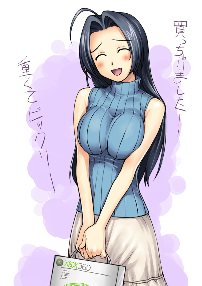 1girl ahoge blush breast_squeeze breasts embarrassed game_console idolmaster miura_azusa product_placement skirt sleeveless sleeveless_turtleneck solo tanaka_shoutarou translated turtleneck xbox360 xbox_360