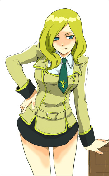 1girl arm_support bare_legs black_skirt blue_eyes breasts closed_mouth code_geass cowboy_shot expressionless hand_on_hip large_breasts leaning_forward long_sleeves looking_at_viewer milly_ashford miniskirt school_uniform shaded_face simple_background skirt solo uniform white_background