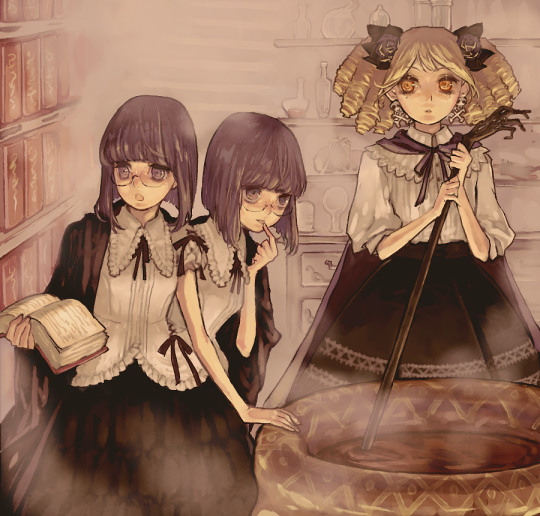 3girls book cauldron conjoined drill_hair glasses jinno_(icarus) multiple_girls siblings steam twins witch yellow_eyes