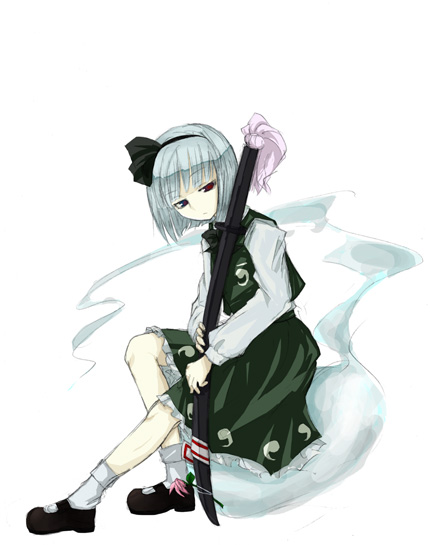 1girl bob_cut female flower full_body head_tilt hitodama konpaku_youmu konpaku_youmu_(ghost) ofuda red_eyes sheath sheathed shikai shikai_(iesiki_56) silver_hair simple_background sitting solo sword touhou weapon