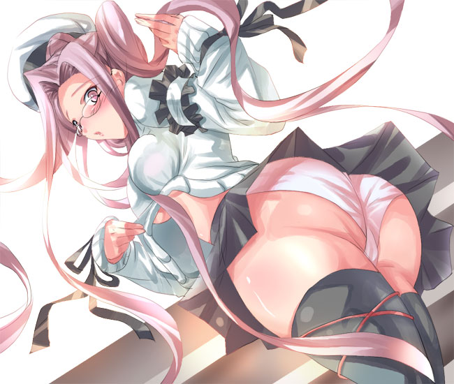 ass black_legwear fate/stay_night fate_(series) glasses panties ribbon rider shiranagi thigh-highs trefoil underwear white_panties