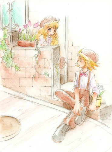 1boy 1girl artist_request blonde_hair blue_eyes brick_wall copyright_request flower flower_pot hat legs_crossed long_hair looking_at_another lowres overalls plant sitting sleeves_rolled_up source_request vines yellow_eyes