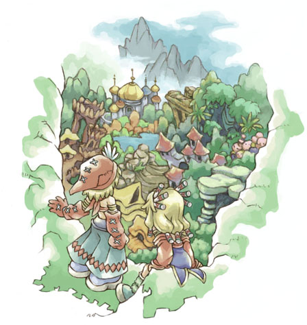 1boy 1girl artist_request imu imu_(lom) landscape legend_of_mana lowres scenery seiken_densetsu toto toto_(lom)