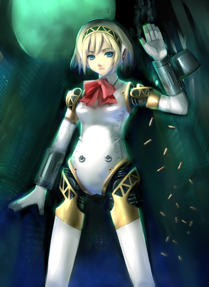 1girl aegis aegis_(persona) android atlus blonde_hair blue_eyes full_moon moon persona persona_3 ribbon robot robot_joints shell_casing solo takashima