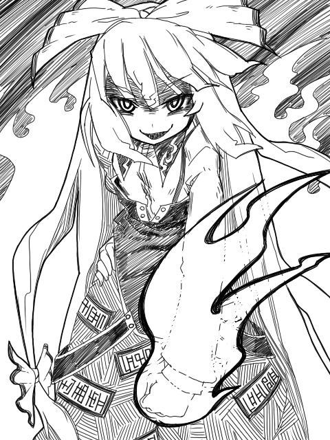 1girl bow clenched_hand evil_smile female fire fujiwara_no_mokou hair_bow hair_ribbon hand_on_hip long_hair looking_at_viewer mizumi_(artist) monochrome pants ribbon shaded_face shirt smile solo suspenders touhou very_long_hair