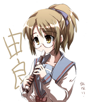 1girl glasses instrument lowres recorder school_uniform serafuku solo suzumiya_haruhi_no_yuuutsu tokyo_(great_akuta) translation_request