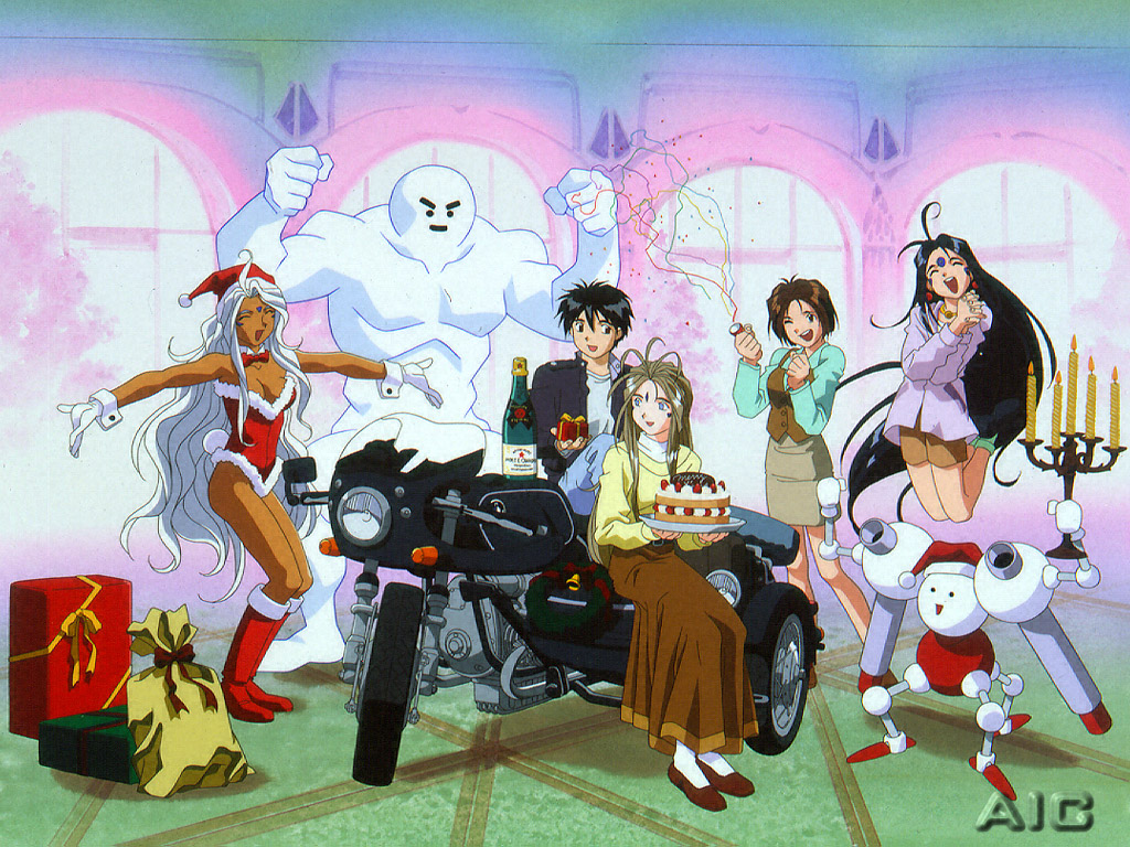 1boy 4girls 90s aa_megami-sama alcohol banpei belldandy black_hair blue_eyes brown_hair cake candle champagne christmas closed_eyes earrings facial_mark food forehead_mark gift goddess ground_vehicle hat jewelry jumping long_hair morisato_keiichi morisato_megumi motor_vehicle motorcycle multiple_girls pantyhose party_popper pastry santa_hat sidecar skuld snowman strawberry_shortcake urd vehicle very_long_hair watermark white_hair