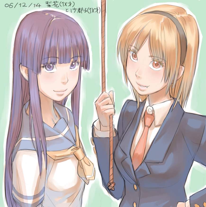 2girls alternate_costume blazer blonde_hair fang furude_rika hairband higurashi_no_naku_koro_ni houjou_satoko multiple_girls necktie older orange_eyes orange_hair purple_hair rope school_uniform teenage violet_eyes zenkou