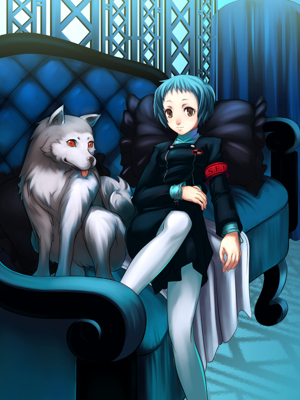 1girl aqua_hair armband atlus blue_hair blue_upholstery brown_eyes couch dog koromaru lying on_back oogami_yuuki pantyhose persona persona_3 school_uniform serafuku smile solo tufted_upholstery velvet_room white_legwear yamagishi_fuuka