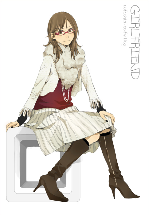 black_nails boots cowl_neck_scarf fashion fringe full_body glasses high_heel_boots high_heels knee_boots nail_polish original red-framed_glasses scarf shoes sitting yoshito