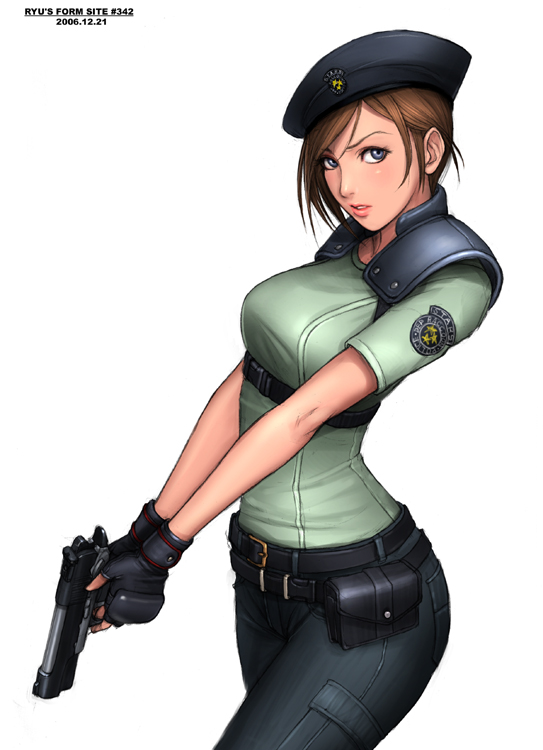 1girl armor belt belt_pouch beret blue_eyes blush breasts brown_hair cropped_legs feet_out_of_frame female fighting_stance fingerless_gloves gloves gun handgun hat holding holding_gun holding_weapon jill_valentine lipstick makeup medium_breasts military military_uniform pants parted_lips police resident_evil ryu_(ryu's_former_site) short_hair short_sleeves simple_background solo standing uniform weapon white_background