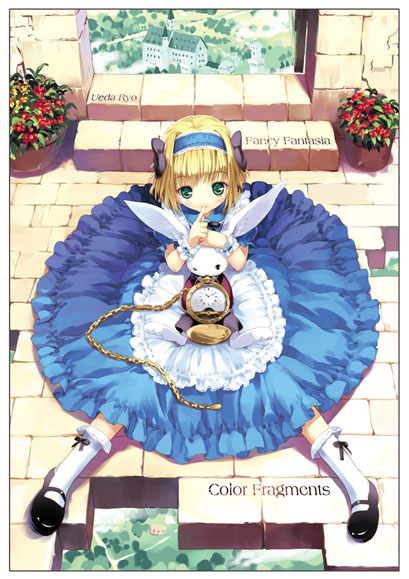 alice_(wonderland) alice_in_wonderland dress footwear green_eyes pocket_watch shoes short_hair sitting socks ueda_ryou watch white_rabbit