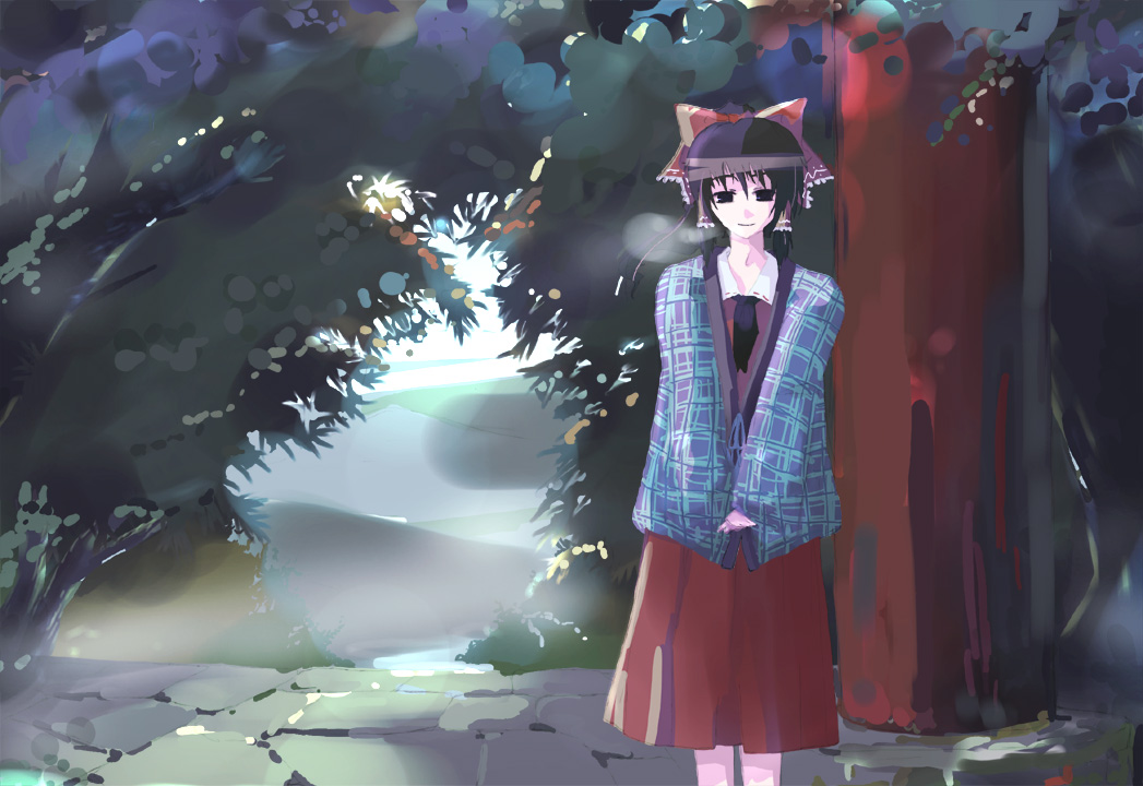 1girl alternate_costume ascot black_eyes black_hair bow contemporary dress female forest hair_bow hair_tubes hakurei_reimu hands_together looking_at_viewer mountain nature outdoors scenery solo takanashi_akihito touhou tree water