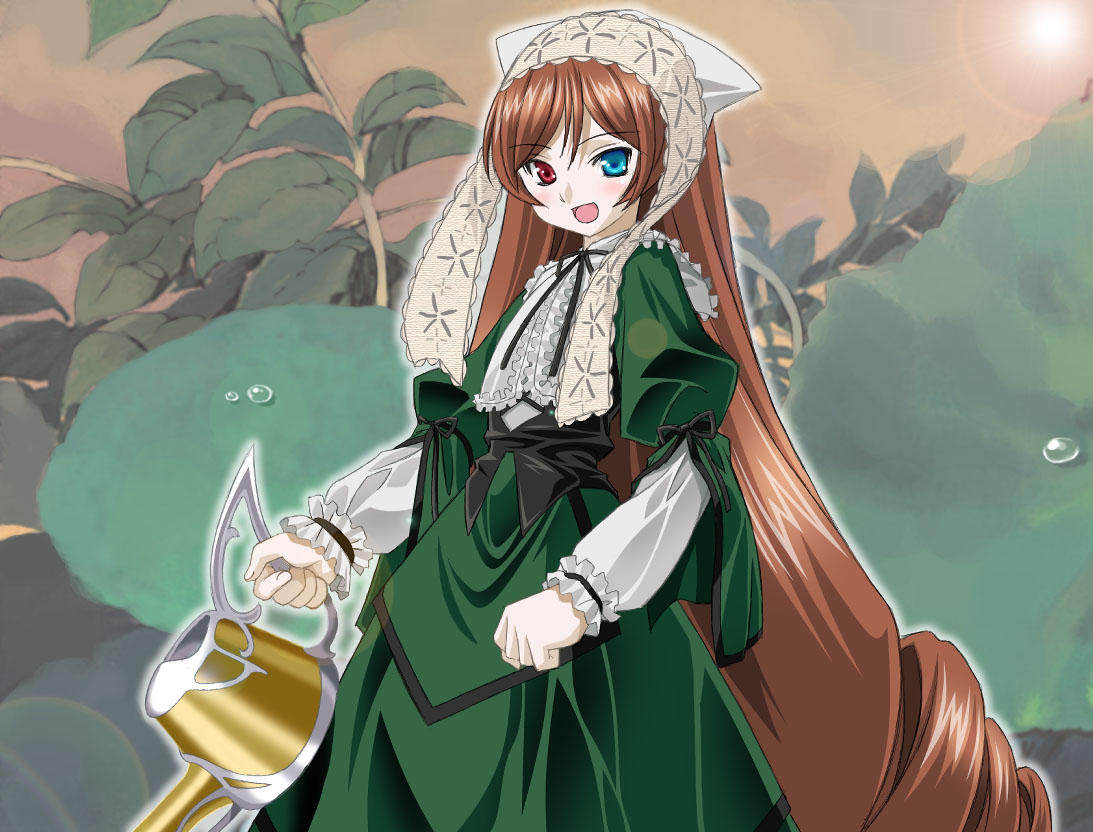 00s 1girl :d blush brown_hair center_frills collar frilled_collar frilled_shirt_collar frills green_eyes grey_hair head_scarf heterochromia holding long_hair long_sleeves looking_at_viewer open_mouth red_eyes rozen_maiden smile solo suiseiseki umekichi very_long_hair watering_can