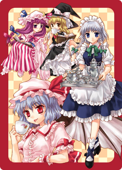 4girls :p bat_wings blonde_hair bloomers blue_eyes book braid checkered checkered_background covering covering_face covering_mouth crescent cup female hat izayoi_sakuya kirisame_marisa maid maid_headdress multiple_girls patchouli_knowledge purple_hair red_eyes remilia_scarlet sato-pon short_sleeves silver_hair sitting standing tablet tea_set teacup teapot tongue tongue_out touhou twin_braids underwear violet_eyes wings witch witch_hat wrist_cuffs