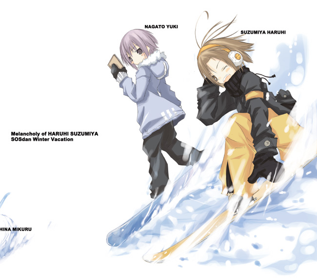 brown_hair earmuffs hand_on_earmuffs konatsu_karasu mittens nagato_yuki short_hair snow snowboard suzumiya_haruhi suzumiya_haruhi_no_yuuutsu wink