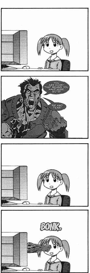 2girls 4chan 4koma azuma_kiyohiko azumanga_daioh child comic doom_(game) doom_comic doomguy english greyscale long_image mihama_chiyo monochrome multiple_girls parody punching short_twintails tall_image twintails what