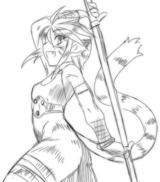 animal_ears bandage breath_of_fire breath_of_fire_ii cat_ears cat_tail dr.p fang happy lowres monochrome rinpoo_chuan short_hair sketch staff tail thighs