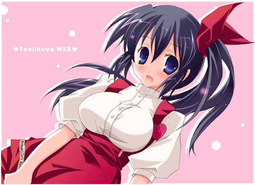 anna_miller black_hair blue_eyes breasts large_breasts lowres original side_ponytail waitress