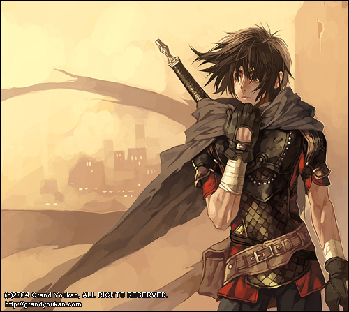 00s 1boy 2004 armor bandage belt brown_hair cape gloves grand_youkan knight lowres male_focus ragnarok_online s.r. scale_armor short_hair solo sword