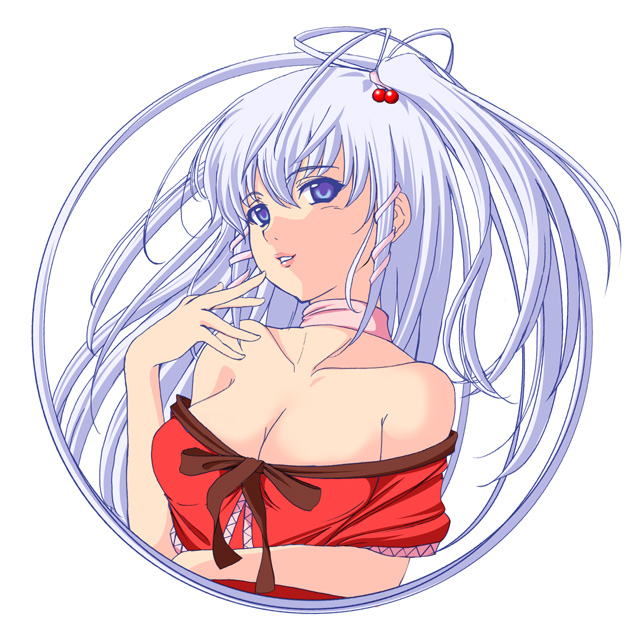 1girl aka_ringo azuma_shoujuan bare_shoulders blue_eyes breasts choker circle cleavage female hand_to_own_mouth light_smile long_hair mystic_square shinki side_ponytail silver_hair solo touhou undressing upper_body