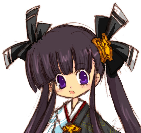 1girl :o black_ribbon blush eyebrows eyebrows_visible_through_hair hair_ribbon japanese_clothes kimono looking_at_viewer oda_kou open_mouth portrait rance_(series) ribbon sengoku_rance sidelocks simple_background solo twintails upper_body white_background