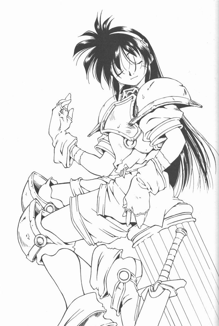 1girl 90s armor closed_eyes fantasy fingerless_gloves gloves hikyou_tanken_fam_&amp;_ihrie ihrie long_hair monochrome sitting solo sword weapon