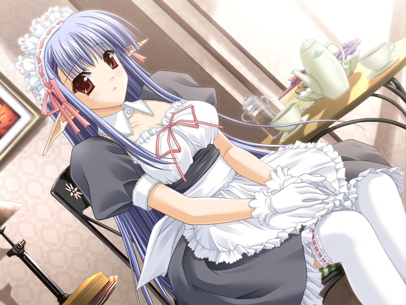 1girl apron bangs blue_hair blush breasts chair cleavage cookie cup detached_collar dress dutch_angle food frilled_apron frilled_legwear frills game_cg gloves indoors large_breasts long_hair looking_at_viewer maid maid_apron maid_headdress navel_(company) nerine parted_lips pointy_ears pot puffy_short_sleeves puffy_sleeves red_eyes ribbon-trimmed_headwear ribbon-trimmed_legwear ribbon_trim short_sleeves shuffle! sidelocks sitting solo suzuhira_hiro table thigh-highs very_long_hair white_gloves white_legwear