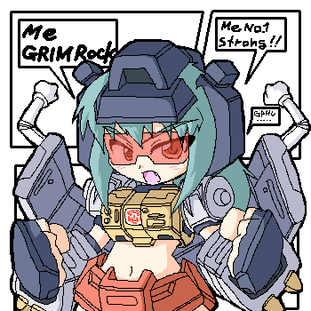 1girl angry aqua_hair autobot fang goggles grimlock lowres mecha_musume midriff navel oekaki red_eyes science_fiction solo transformers