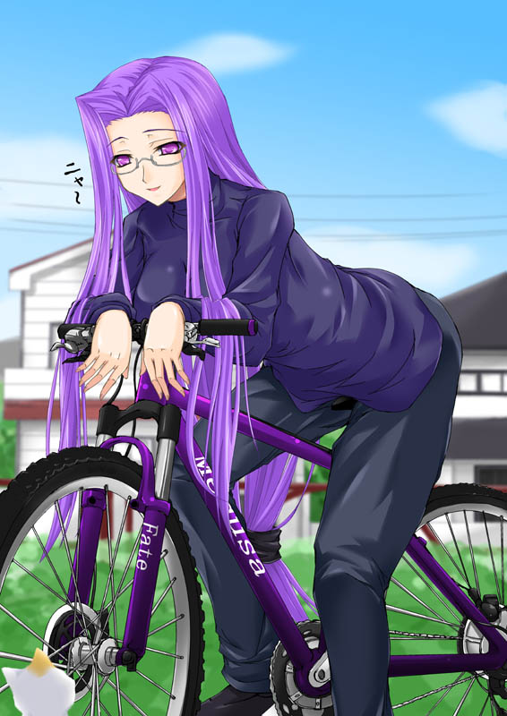 1girl bicycle cat fate/stay_night fate_(series) glasses kitten kitty long_hair low-tied_long_hair maho_(yakimorokoshi) purple_hair rider solo tied_hair very_long_hair violet_eyes