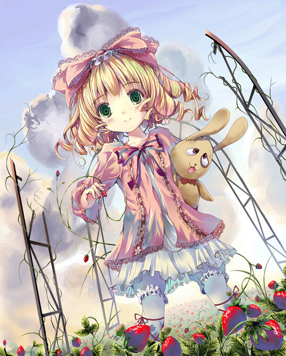 00s 1girl blonde_hair bloomers bow clouds curly_hair doll duplicate food fruit full_body green_eyes hair_bow hina_ichigo kunkun looking_at_viewer object_namesake pantyhose pink_bow pink_shirt rozen_maiden shirt short_hair smile solo standing strawberry underwear white_legwear yamamoto_nori