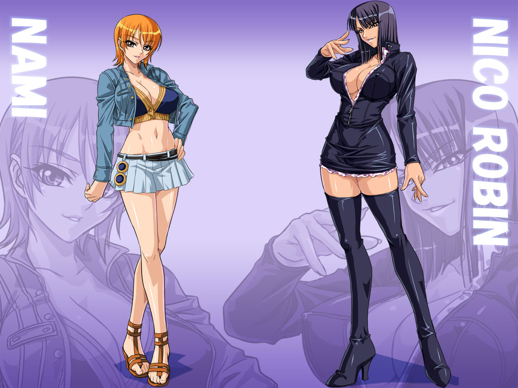 &gt;:d 2girls :d bangs belt black_hair black_legwear blue_background boots breasts brown_eyes buttons character_name cleavage crop_top cropped_jacket crossed_legs_(standing) dress enies_lobby erect_nipples feet female fingernails full_body gradient gradient_background grin hand_on_hip high_heel_boots high_heels jacket kagami_hirotaka large_breasts leather legs legs_crossed lipstick long_fingernails long_hair long_legs long_sleeves looking_at_viewer makeup microdress microskirt midriff miniskirt multiple_girls nami_(one_piece) naughty_face navel nico_robin no_bra no_socks one_piece open_clothes open_jacket open_mouth orange_eyes orange_hair parted_bangs parted_lips pleated_skirt sandals shadow shiny shiny_clothes shiny_skin shoes short_hair sitting skirt smile standing taut_clothes taut_dress thigh-highs thigh_boots thighs toes unzipped wallpaper wide_hips zettai_ryouiki zipper zoom_layer