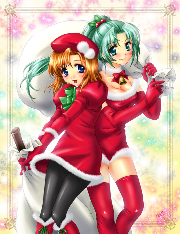 2girls aqua_eyes aqua_hair bell beret black_legwear blue_eyes boots bow breasts christmas cleavage dress elbow_gloves gason_miho gloves green_hair hair_ornament hat higurashi_no_naku_koro_ni holly holly_hair_ornament looking_at_viewer medium_breasts miniskirt multiple_girls orange_hair pantyhose ponytail red_gloves red_legwear ryuuguu_rena sack santa_costume shiny skirt sonozaki_mion thigh-highs tight