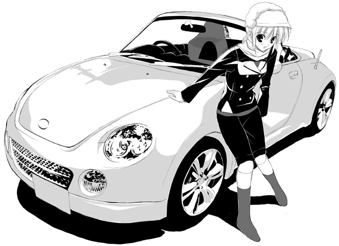1girl car daihatsu fumio_(ura_fmo) ground_vehicle monochrome motor_vehicle original solo vehicle