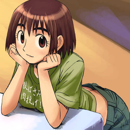 1girl ass ayase_fuuka breast_rest breasts brown_eyes brown_hair butt_crack chin_rest clothes_writing denim downpants eyebrows haruyama_kazunori jeans looking_at_viewer lowres medium_breasts no_panties pants shirt short_hair solo t-shirt thick_eyebrows translation_request yotsubato!