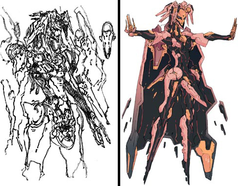 00s ardjet floating full_body ken_marinaris lowres machinery mecha no_humans outstretched_arms partially_colored simple_background sketch split_screen white_background zone_of_the_enders zone_of_the_enders_2