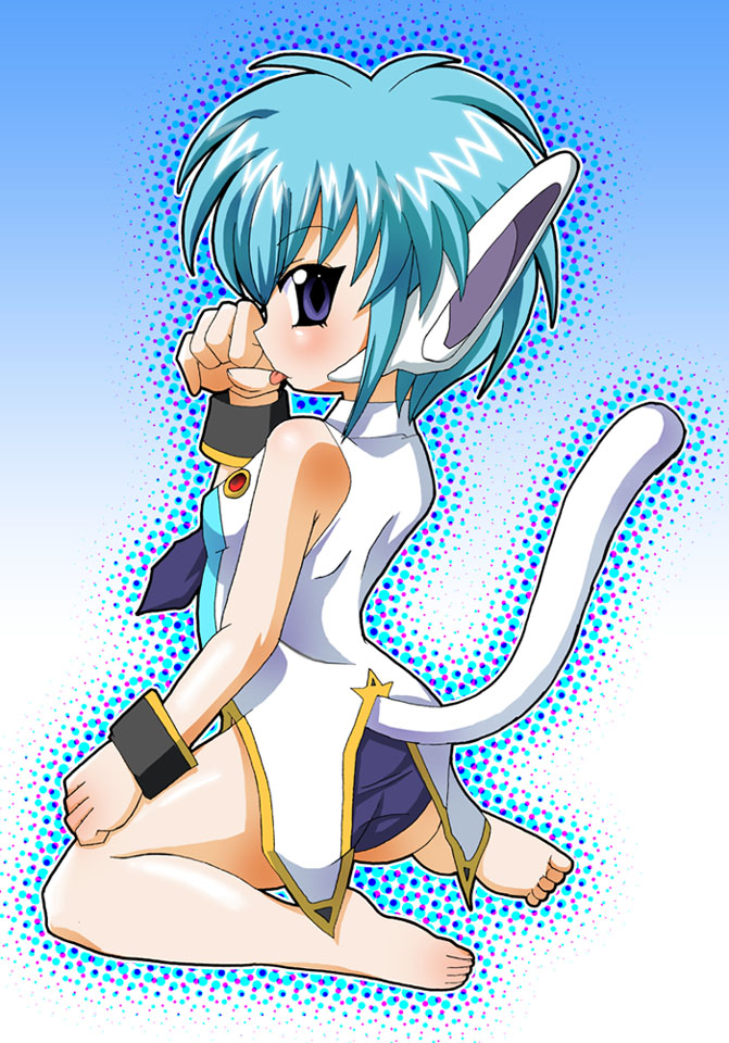 00s 1girl :p animal_ears aqua_hair barefoot blue_eyes blue_hair breasts broccoli_(company) cat_ears cat_tail feet galaxy_angel galaxy_angel_rune gradient gradient_background kneeling licking looking_at_viewer looking_back nano-nano_pudding short_hair simple_background small_breasts soles solo tail toes tongue tongue_out uniform