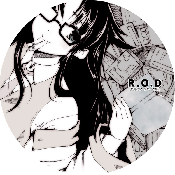 00s 1girl blush female glasses monochrome mouth_hold necktie read_or_die solo takayoshi yomiko_readman