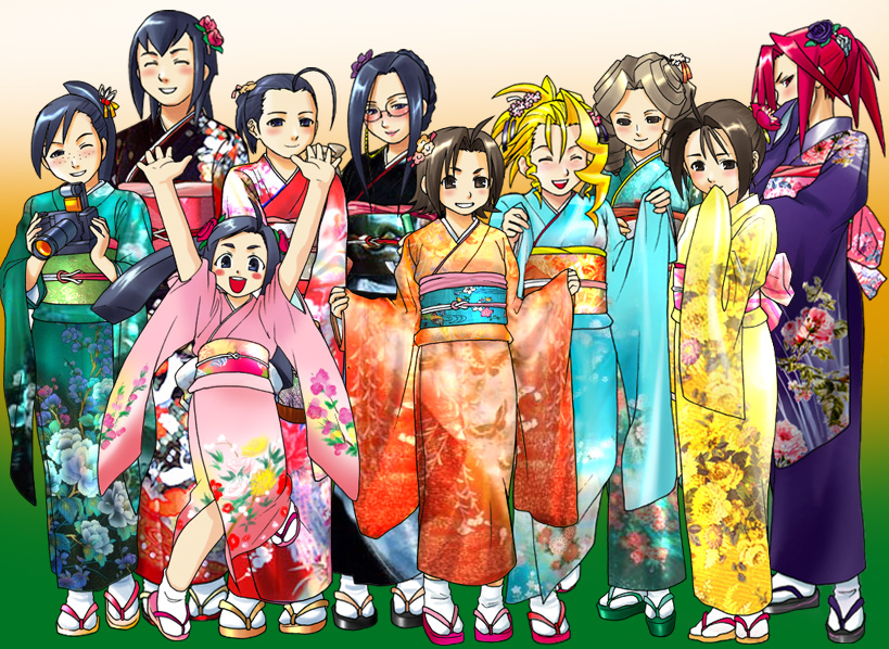 6+girls ahoge ayuhara_natsu blonde_hair blue_hair blush blush_stickers brown_hair closed_eyes doctor drill_hair embarrassed everyone freckles glasses gradient gradient_background happy hibiki_ran himezaki_aoi iinchou_(justice_gakuen) japanese_clothes karuizawa_momo kazama_akira kimono kirishima_yurika long_hair looking_at_viewer minazuki_kyouko multiple_girls one_eye_closed open_mouth project_justice redhead rival_schools short_hair simple_background tabi teacher tiffany_lords tsukinowa_kumatarou twintails wakaba_hinata wink